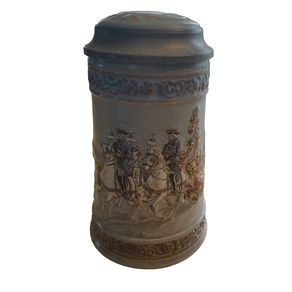 GERZ Lidded Beer Stein KING LUDWIG on Horse Drawn Sleigh West‎ Germany